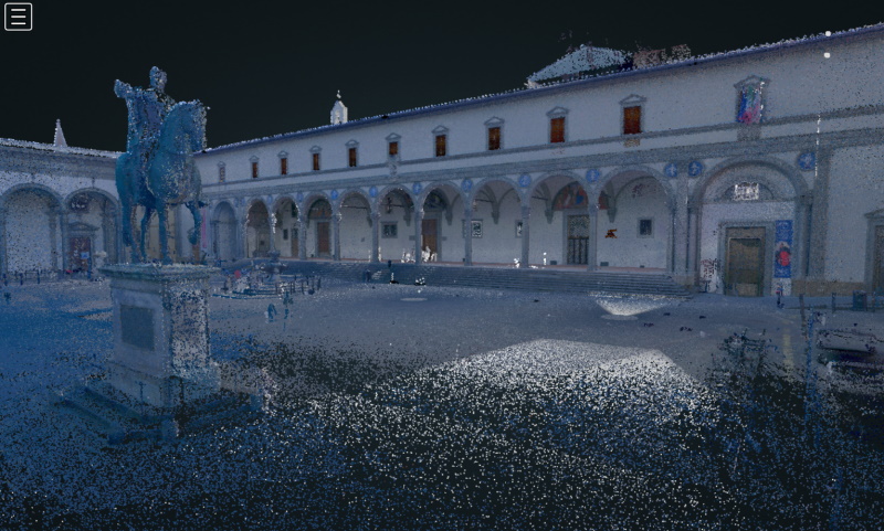 A screenshot of the new Innocenti point cloud model, with a statue in front and the facade stretching behind.