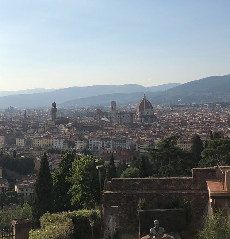 A view of Florence from San Miniato; one can see the Duomo, buildings along the river Arno, and the Palazzo Vecchio.